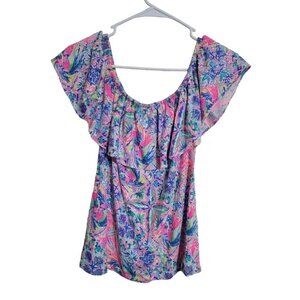 LILLY PULITZER Top Women XS La Fortuna Off The Shoulder DANCING Ruffle Top 28915